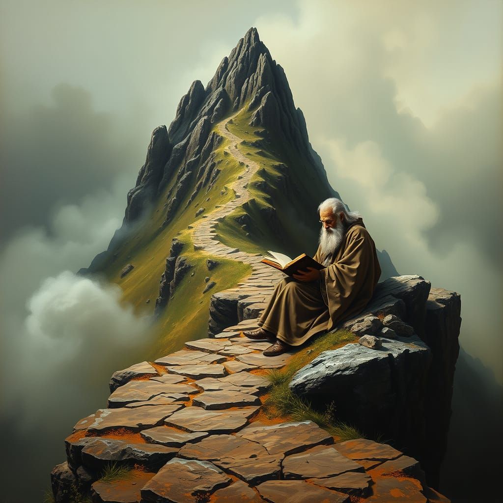 Surreal Sage on Rocky Summit in Dreamlike Mist