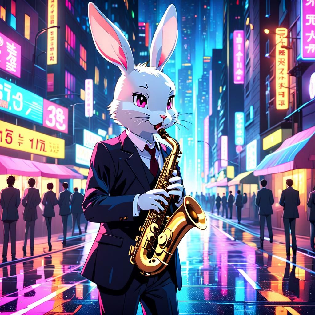 Anime Rabbit Saxophonist in City at Night