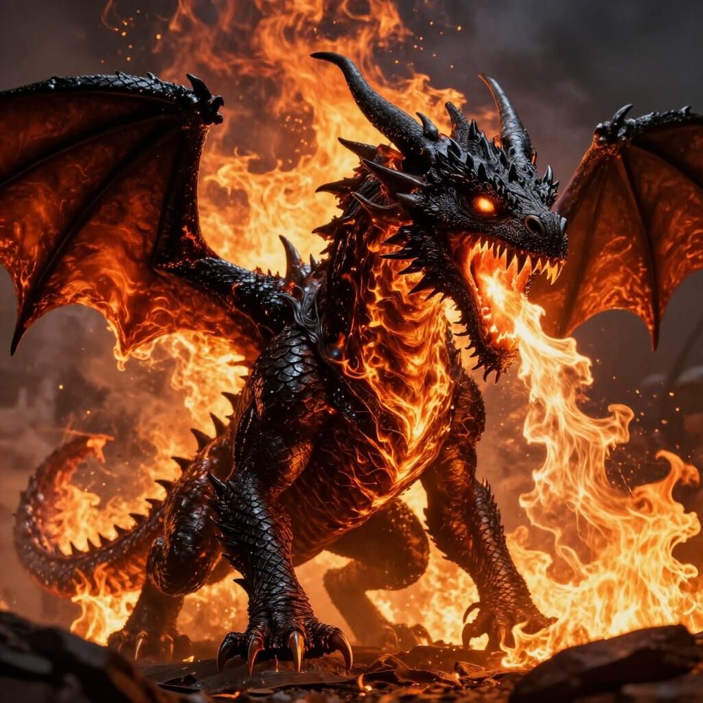 Hyperrealistic Black Dragon Unleashes Fiery Destruction
