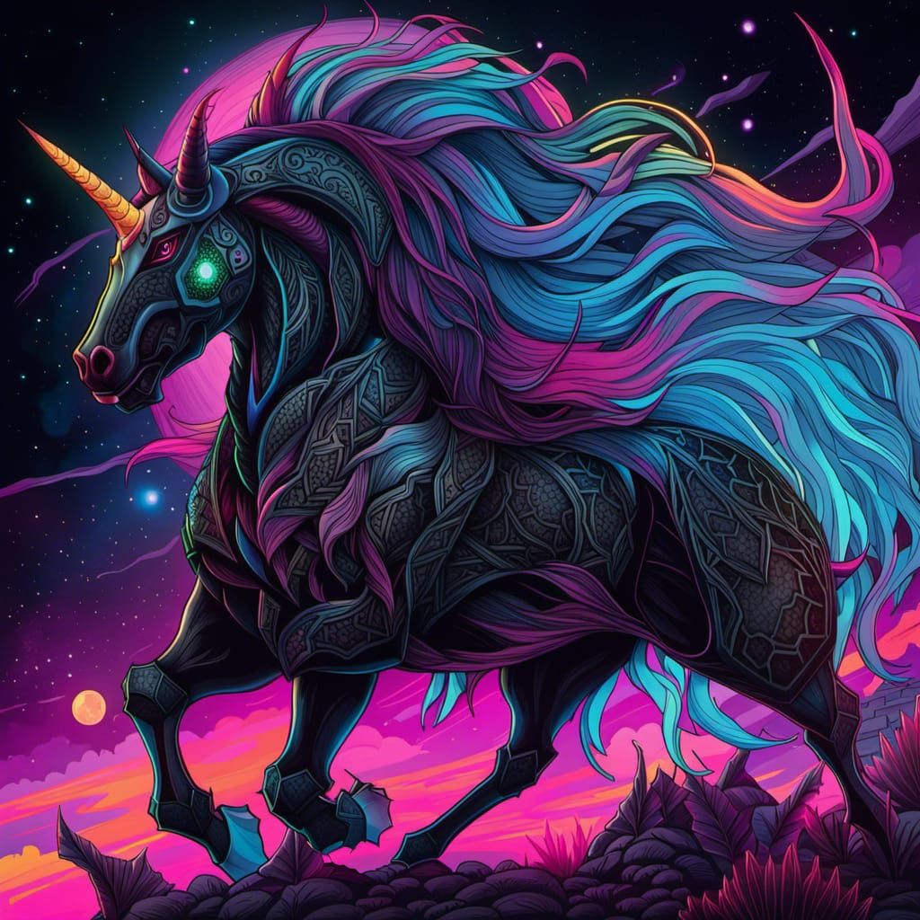 Titan Evil Unicorn in Aetherpunk Ink Drawing