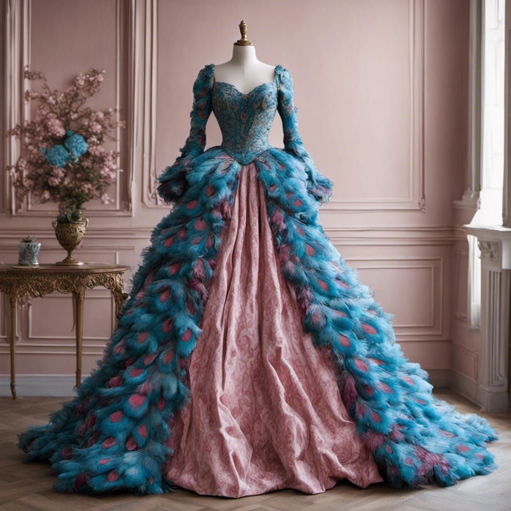 Rococo Dress with Peacock Feathers on Dress Form