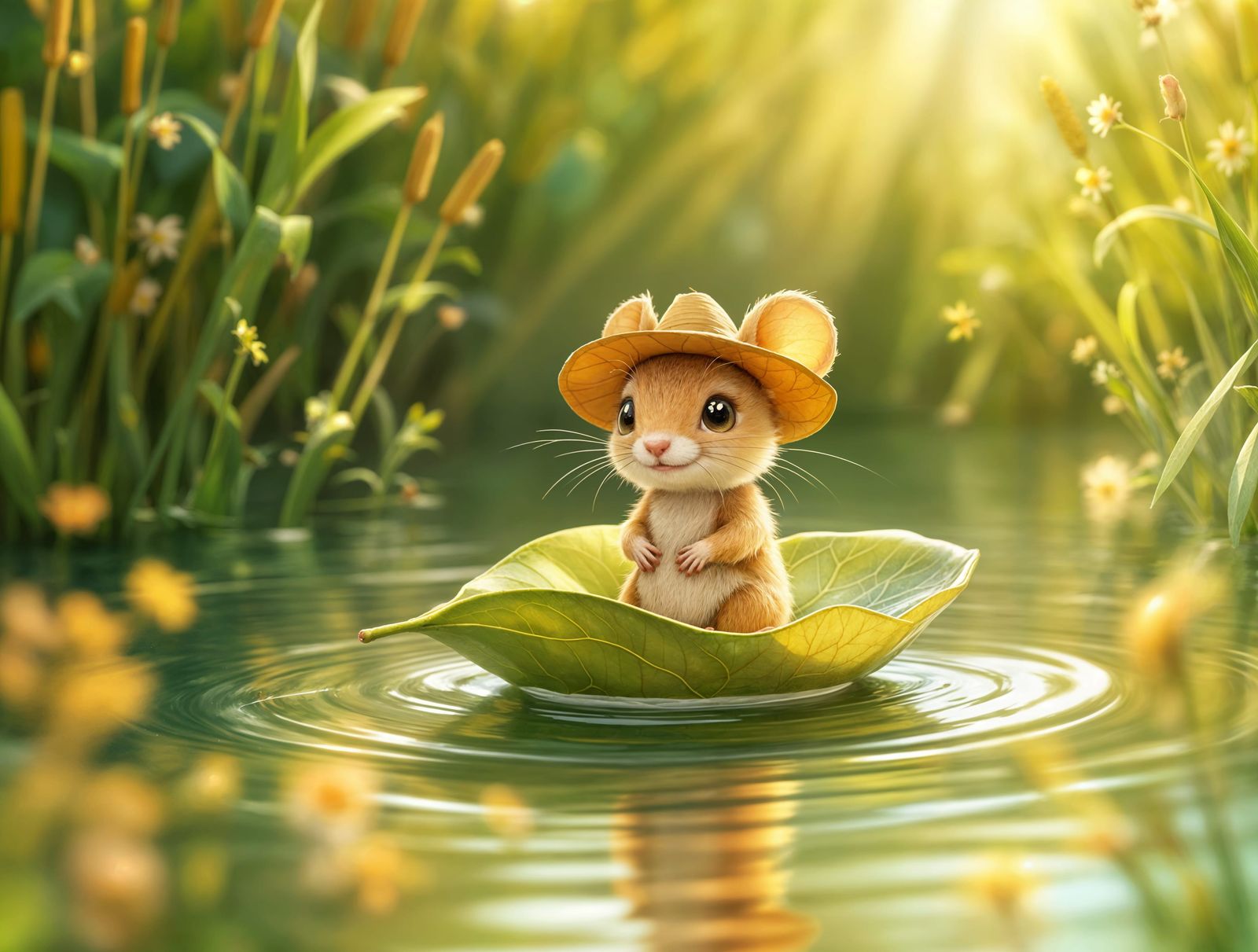 Whimsical Mouse Sails a Leaf Boat Down a Sunlit River