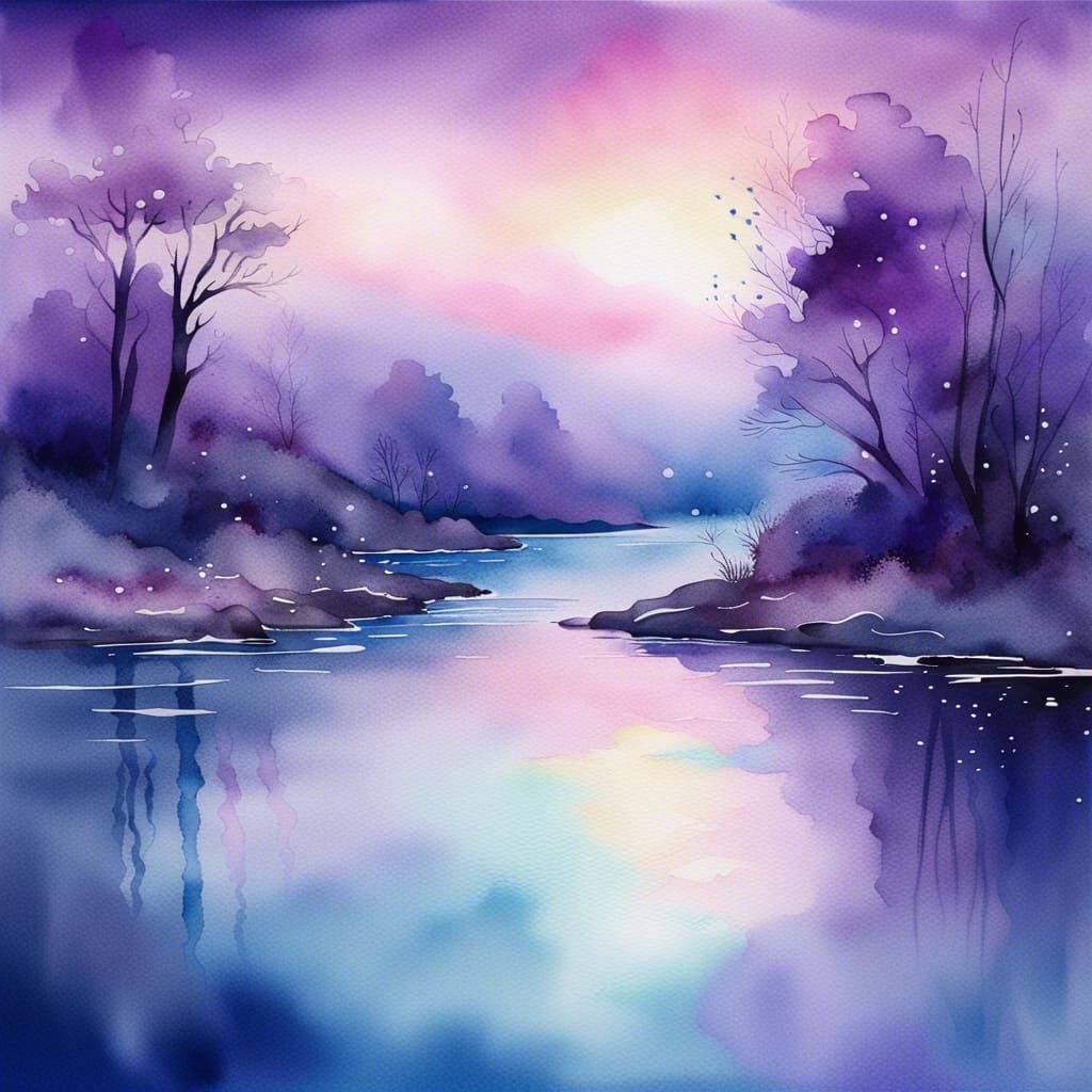 Ethereal Twilight River in Watercolor Style