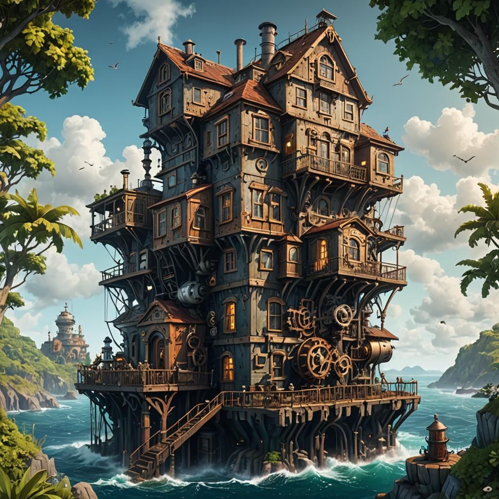 Steampunk House Atop Tiny Island in Ocean
