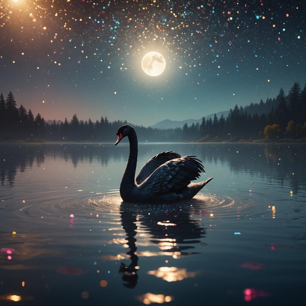 Black Crystal Swan Gliding on Moonlit Lake