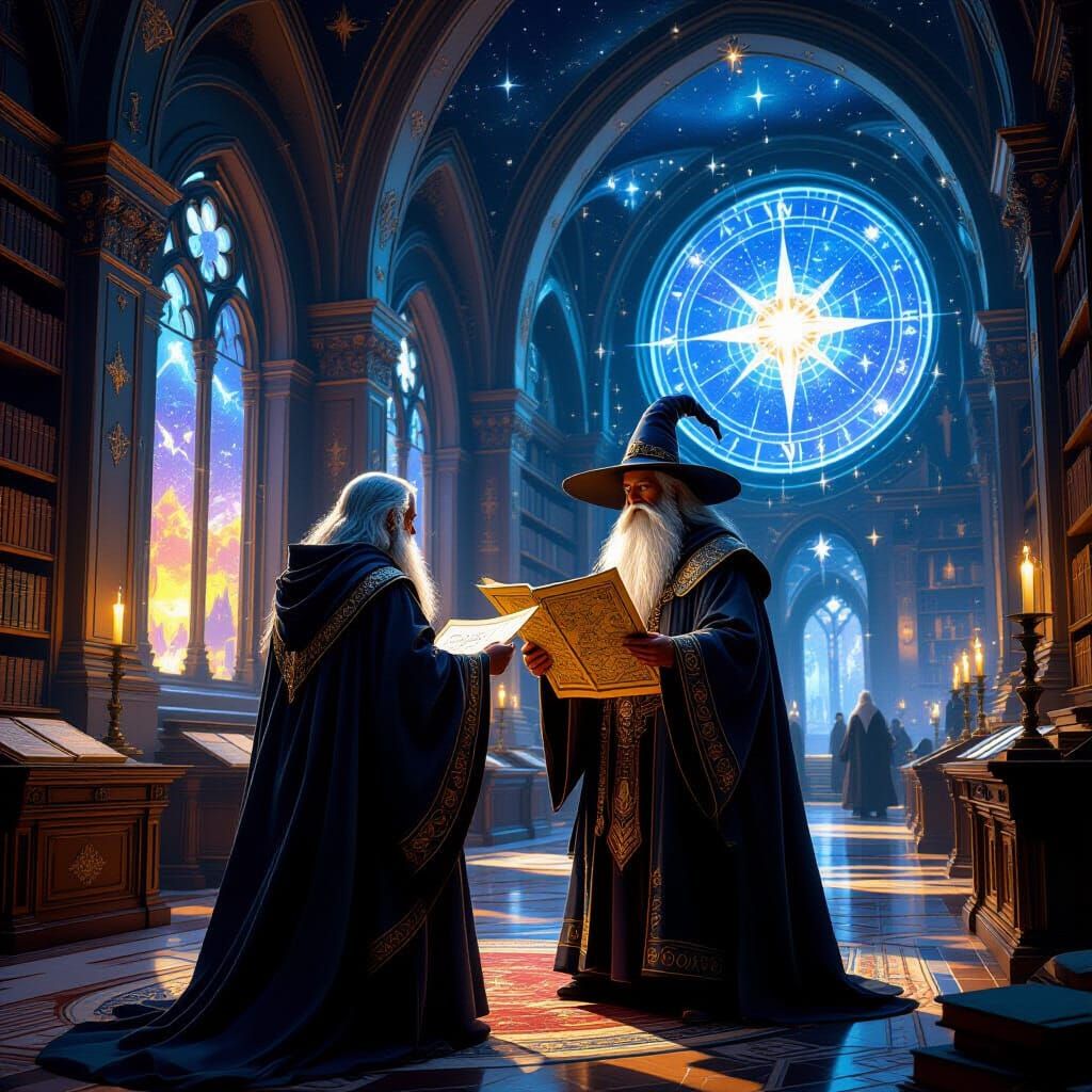 Celestial Library Map: Hyperrealistic Wizard Amidst Constell...