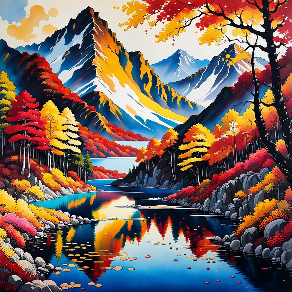 Vibrant Mountain Landscape Painting in Murakami Style