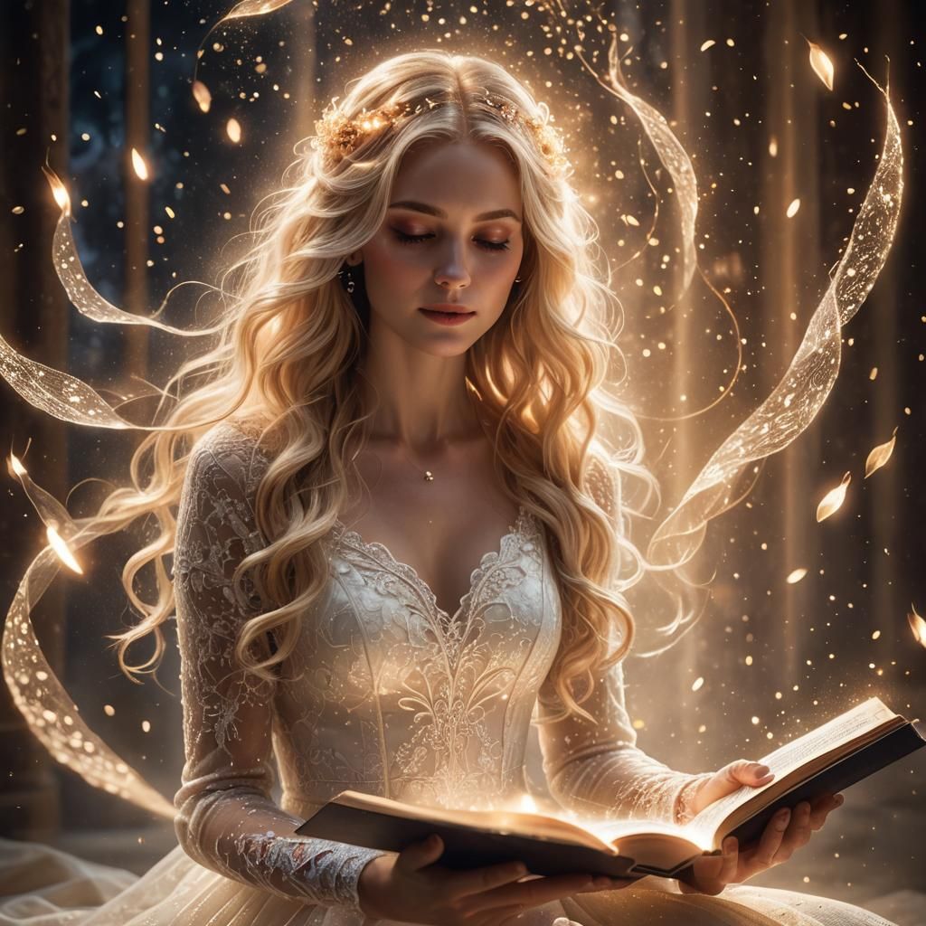 Woman Holding Magical Glowing Book in Forest