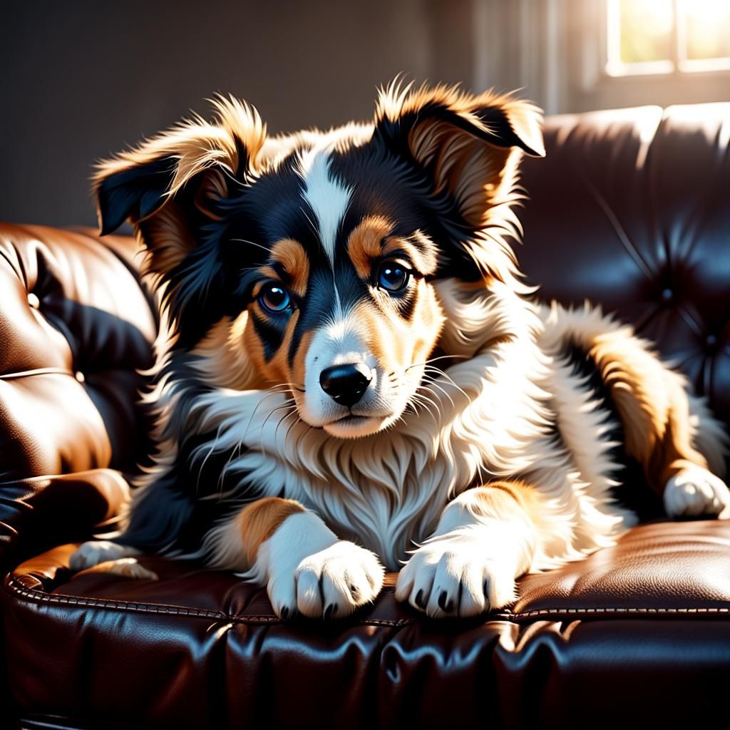 Adorable Collie Puppy Lounging on Leather Sofa