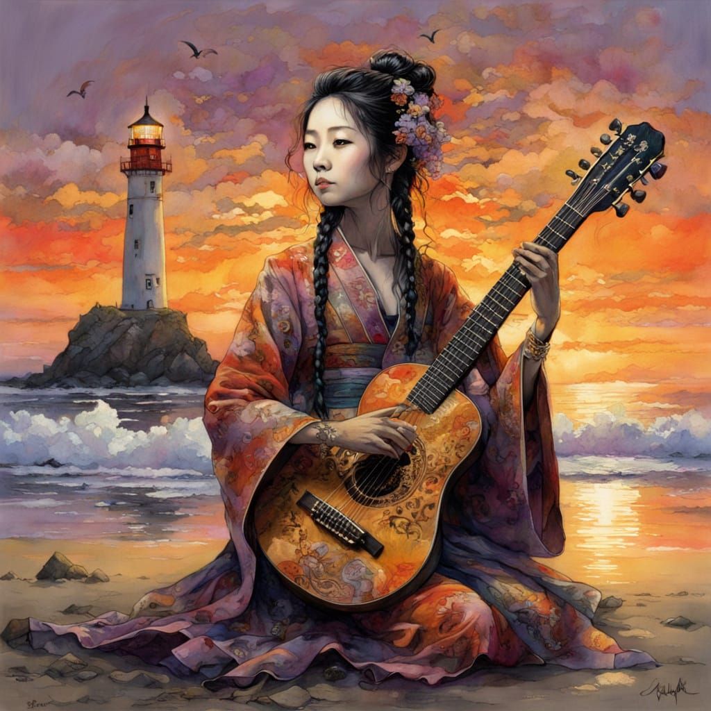 Japanese Princess Performs Sitar in Vibrant Kimono against S...