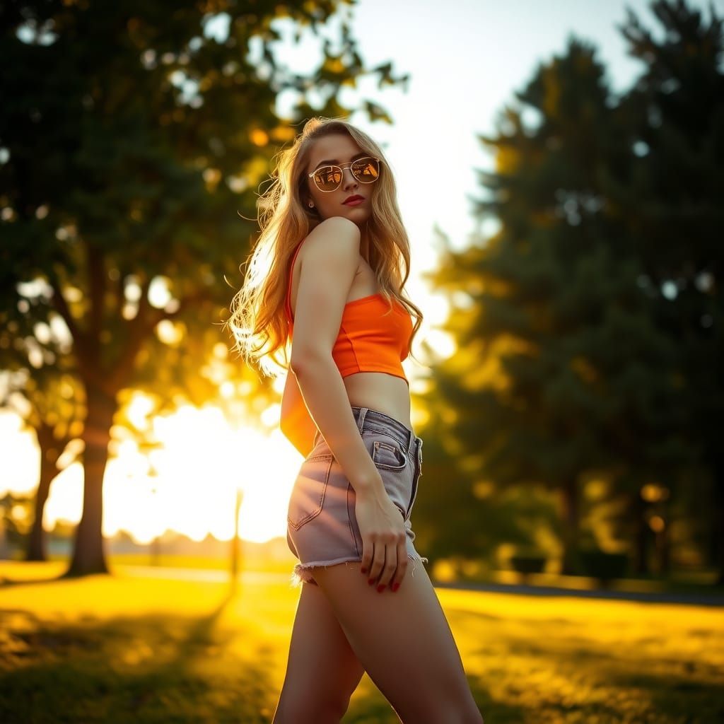 Golden Sunset Portrait of Stylish Young Woman