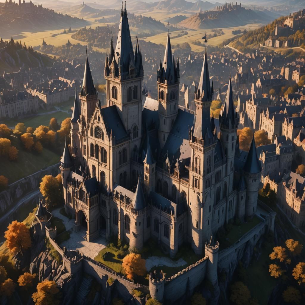 Majestic Gothic Castle in Golden Hour Light