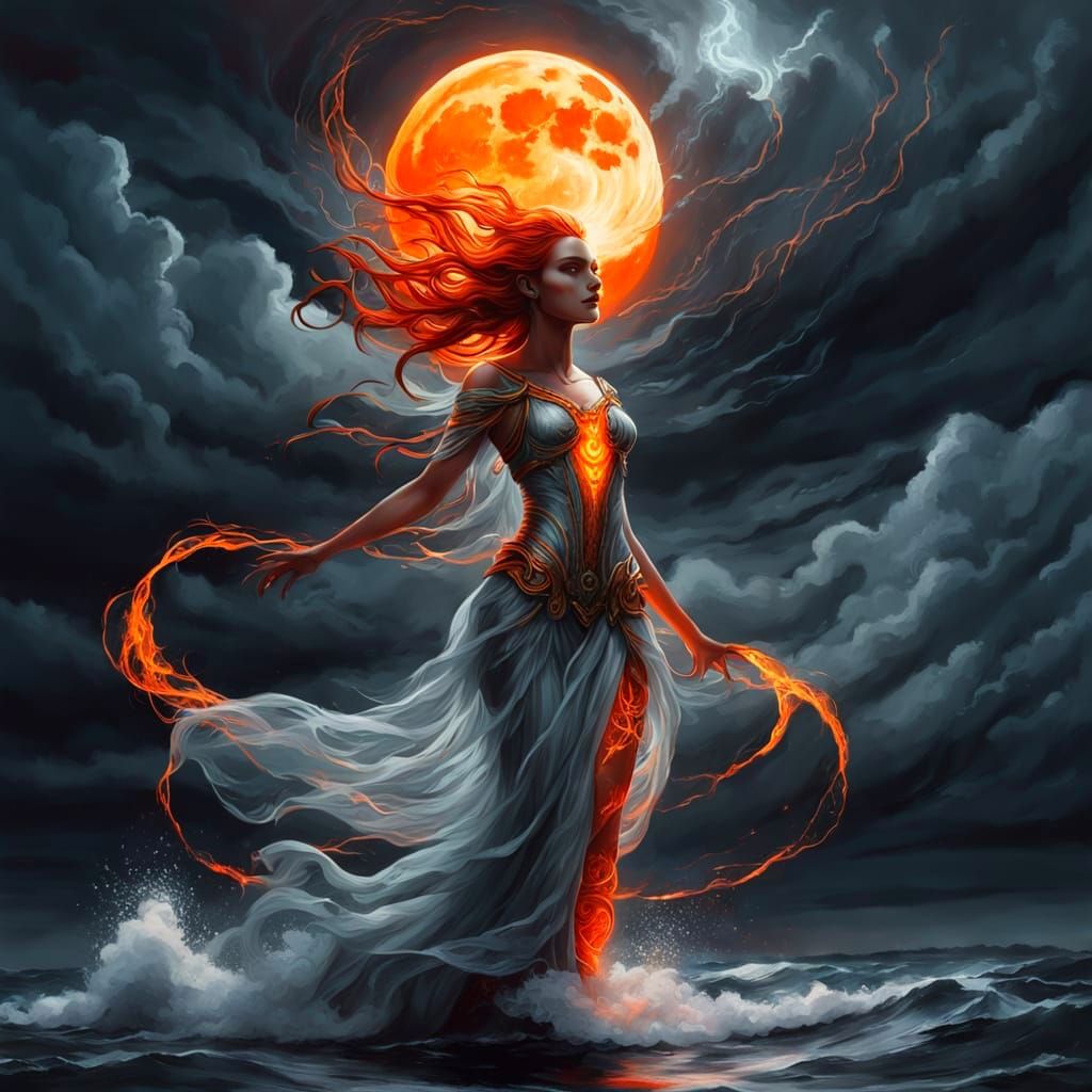 Mystical Goddess of the Blood Moon Ocean Storm