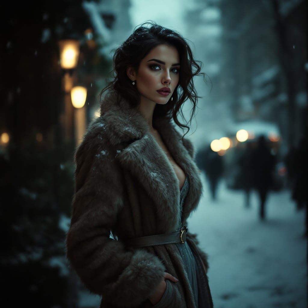 Elegant Woman Surrounded by Winter Mystery in Cinematic Styl...