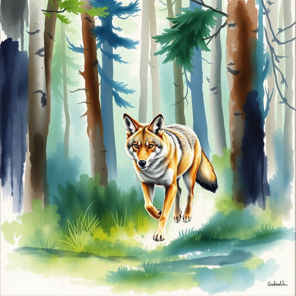 Coyote Runs Through Forest as Watercolor Painting