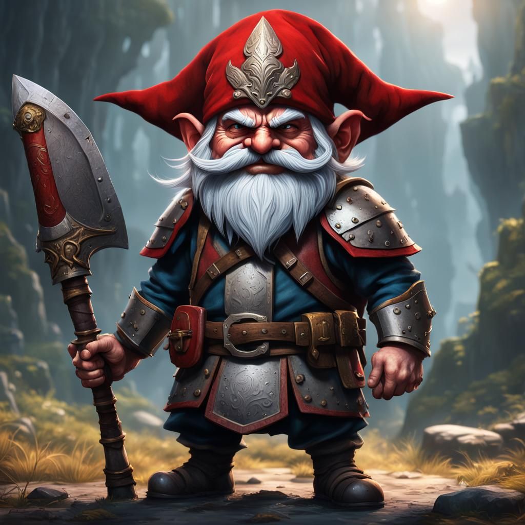 Fierce Armored Gnome Warrior with Sickle and Shield