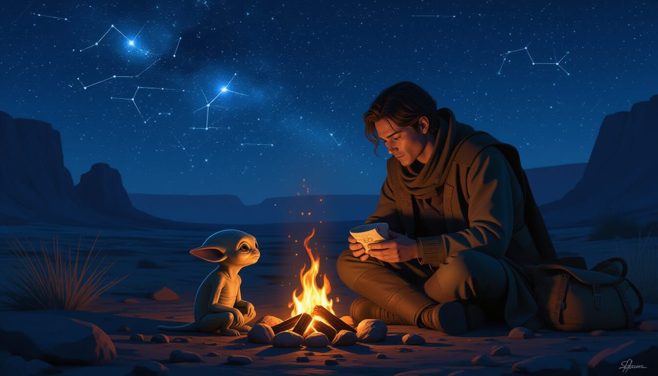 Compassionate Traveler Aids Injured Alien Under Alien Stars