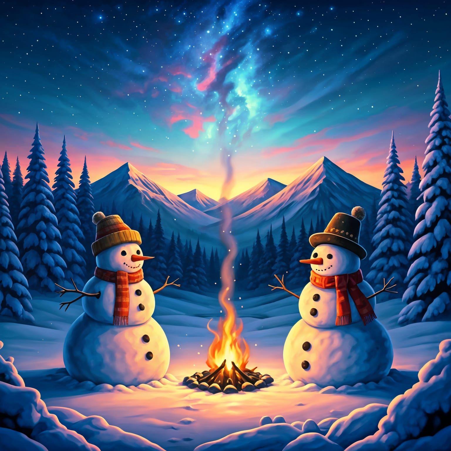 Snowmen Gather by the Campfire Under a Vibrant Starry Night