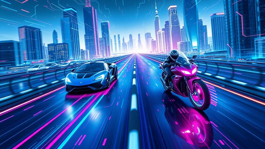 Sleek Futuristic Super Cars and Bikes Speed Through a Glowin...