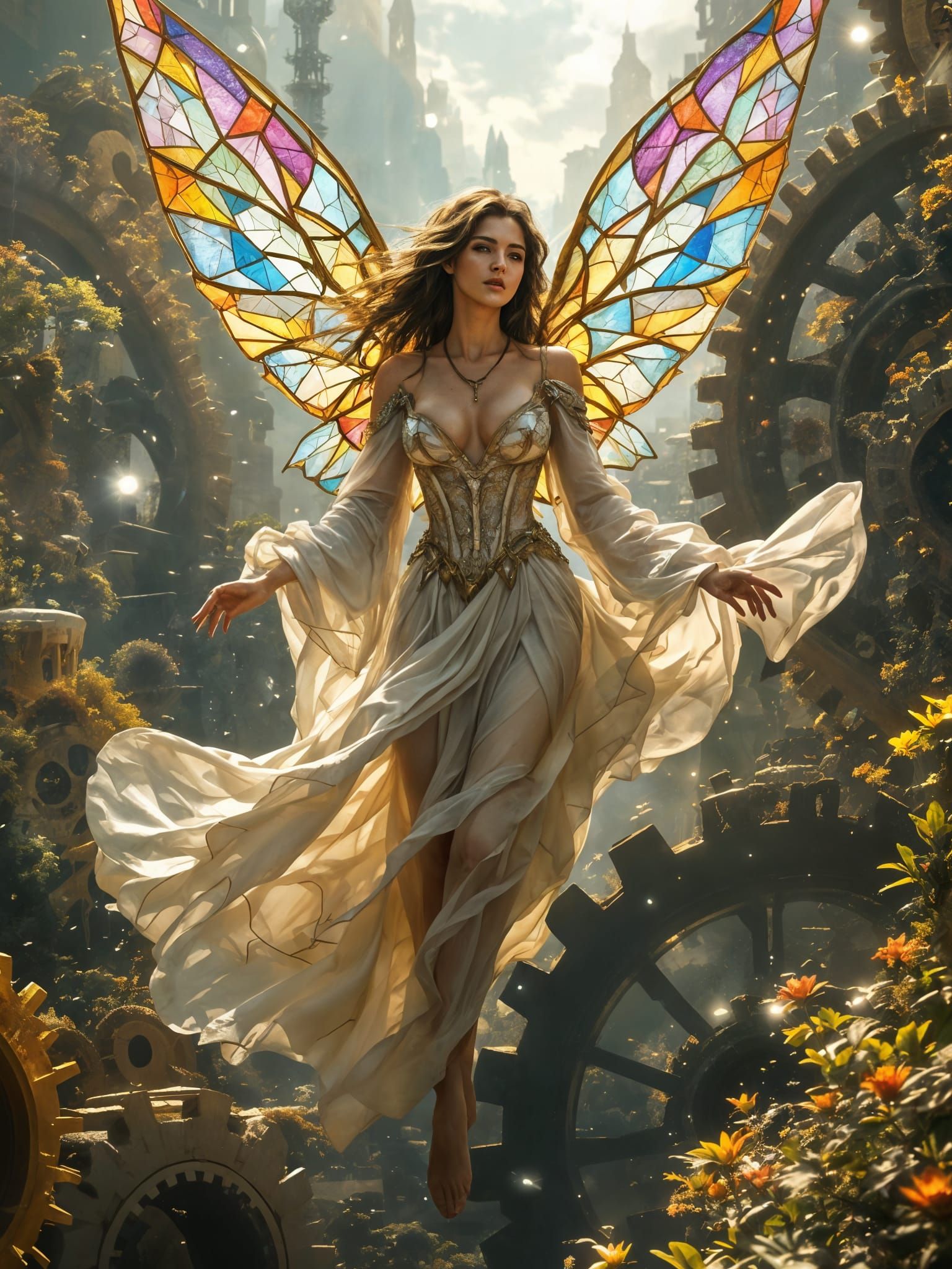 Ethereal Woman With Stained Glass Wings Above Steampunk Gear...