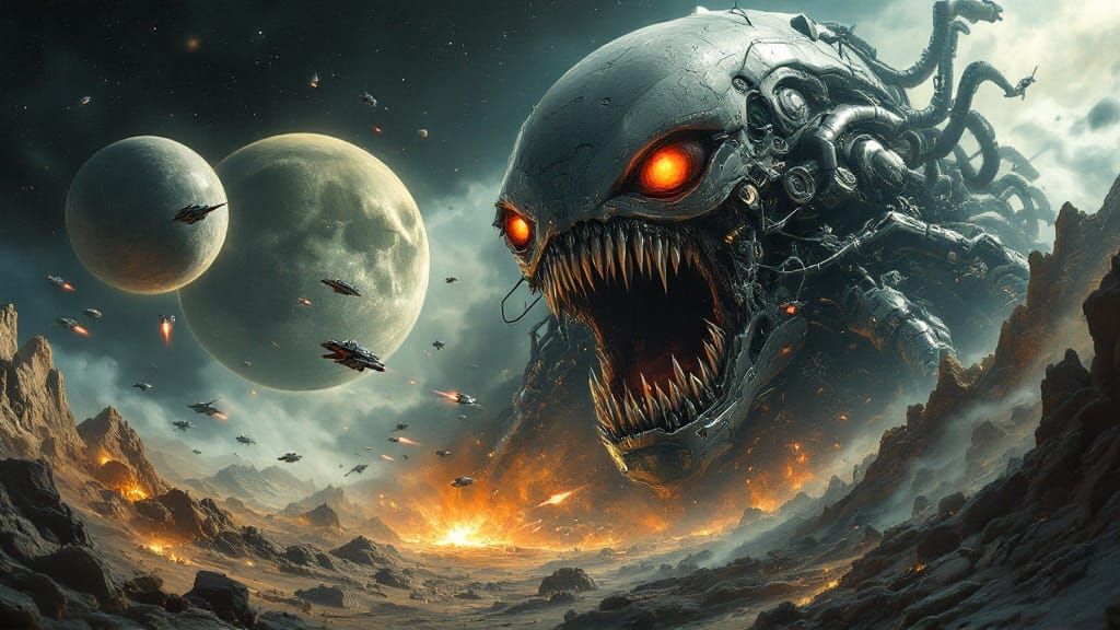 Cybernetic Planet Devourer in Dark Sci-Fi Style