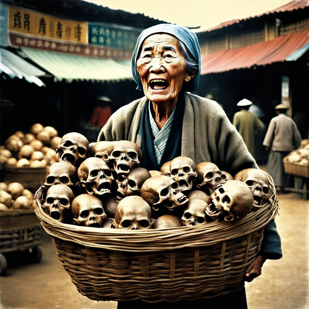 Vintage Photo: Woman with Basket of Heads