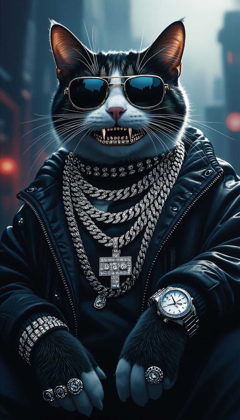 Cat with Diamond Grillz and Iced Out Jewelry