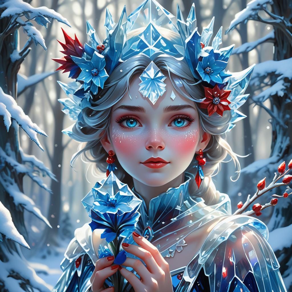 Crystal Witch in Snowy Forest as Oil Painting