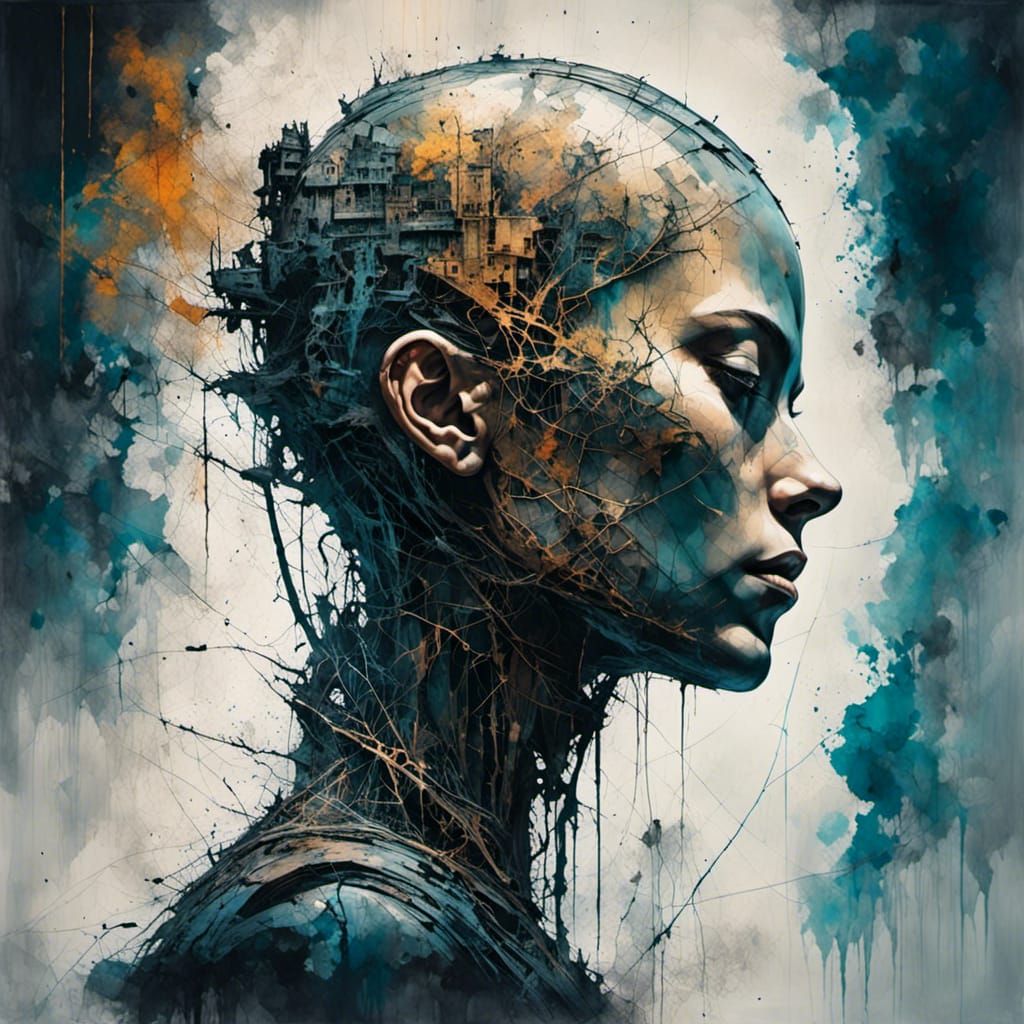 Double exposure, portrait of a cyberpunk robot villain with a cyberpunk megacity background   <lora:Dark:1.0>