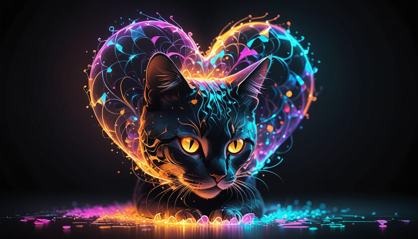 Cute Cat with Neon Fractals and Holographic Layers