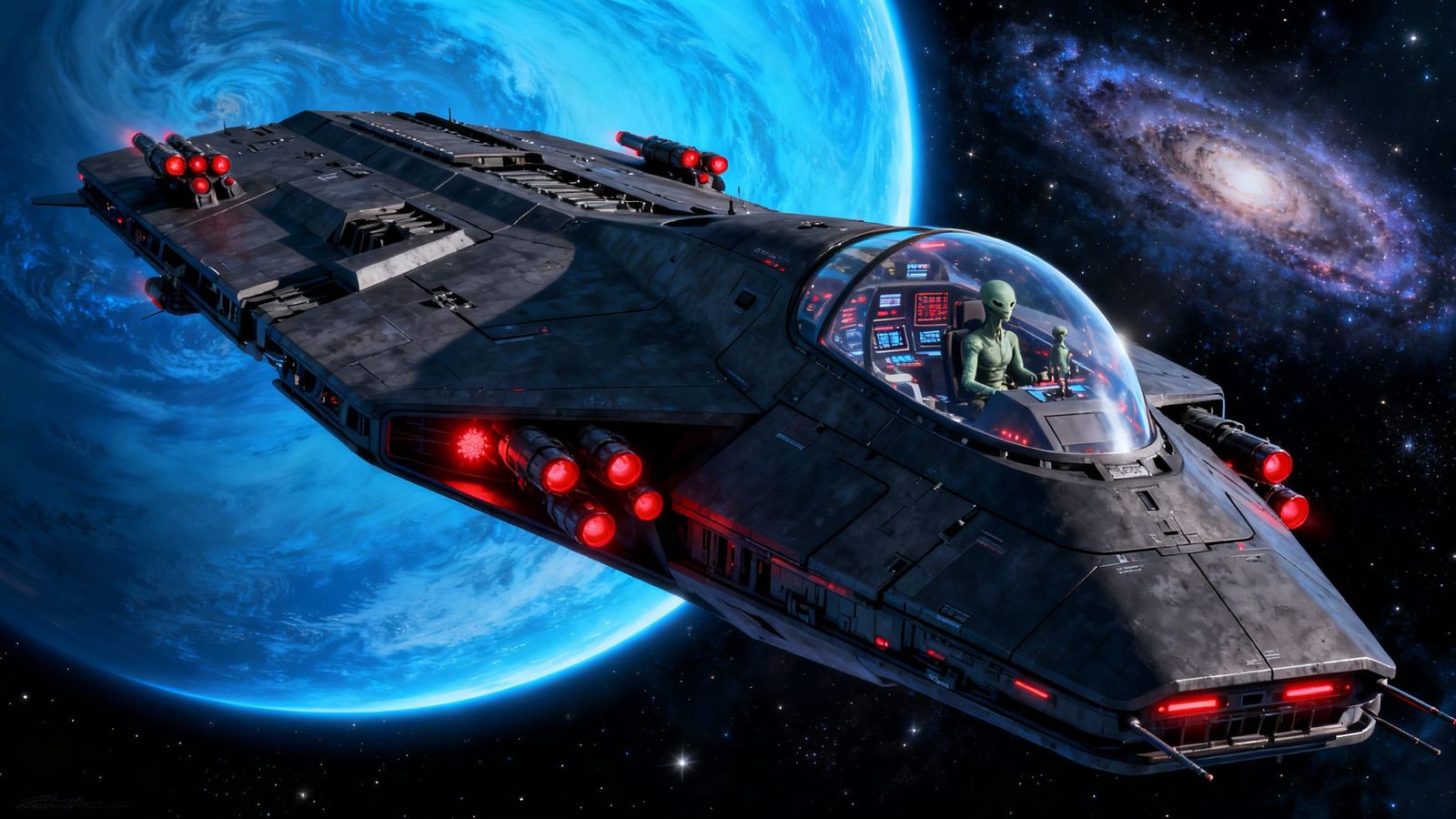 Massive Alien Stealth Cruiser Near Swirling Blue Planet