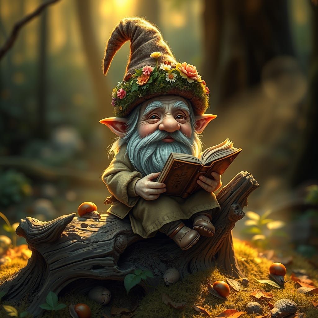 a whimsical realistic gnome sitting on a twisted root, illum...
