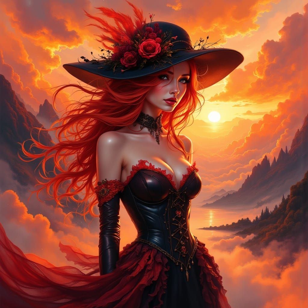 Futuristic Lady With Fiery Hair and Red Veil