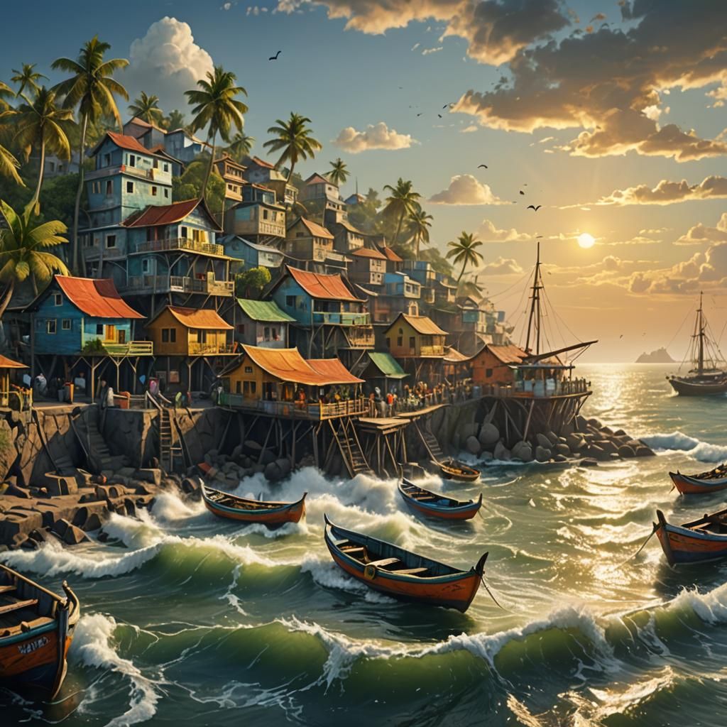 Indian Coastal Village at Golden Hour: Fantasy Art