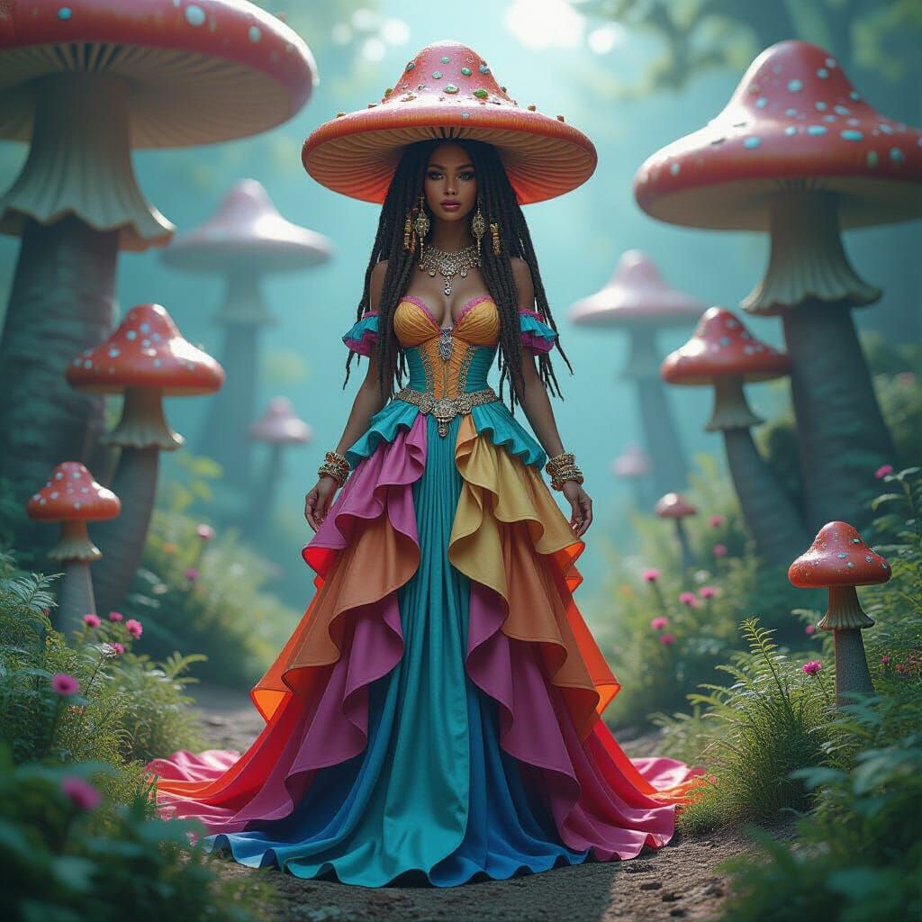 Whimsical Mushroom Dress Woman in 3D Fantasy Forest