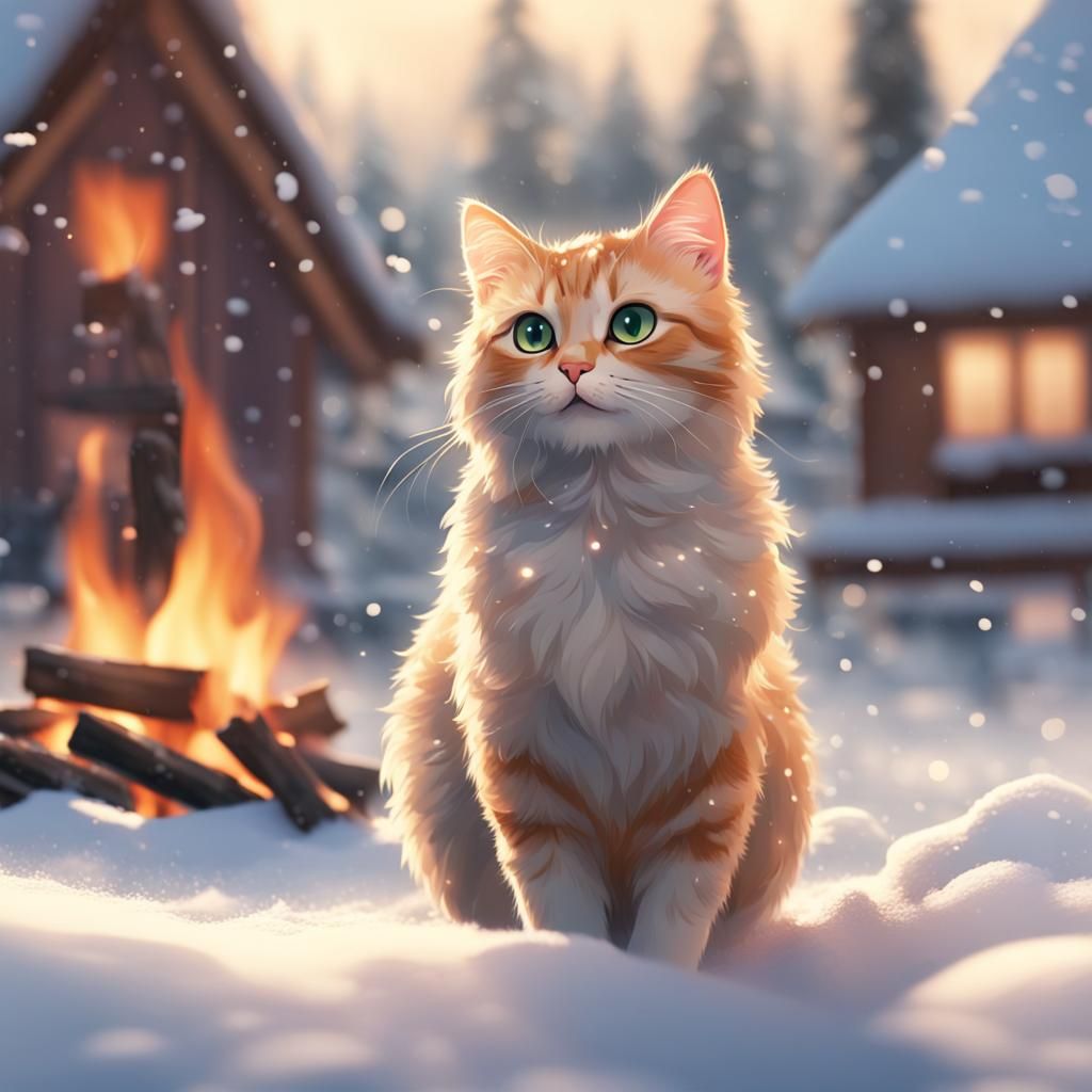 Cute Animated Cat Playing in the Snow