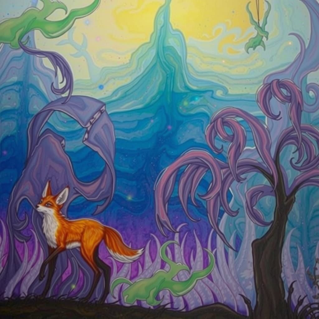<lora:Jacaranda 2:1.0> large psychedelic fox in surreal psychedelic exotic landscape, vibrant neon colors