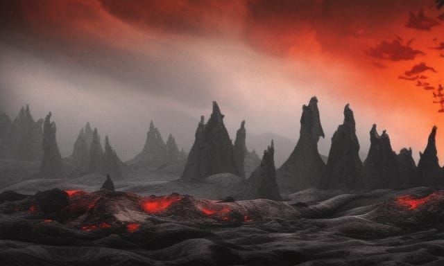 Foreboding Fantasy Landscape with Dragon and Lava River