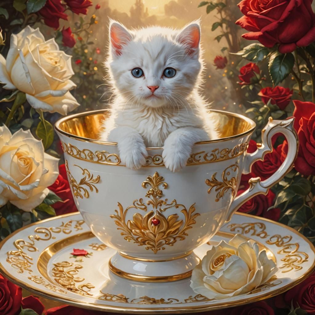 Kitten in Teacup Surrounded by Red Roses
