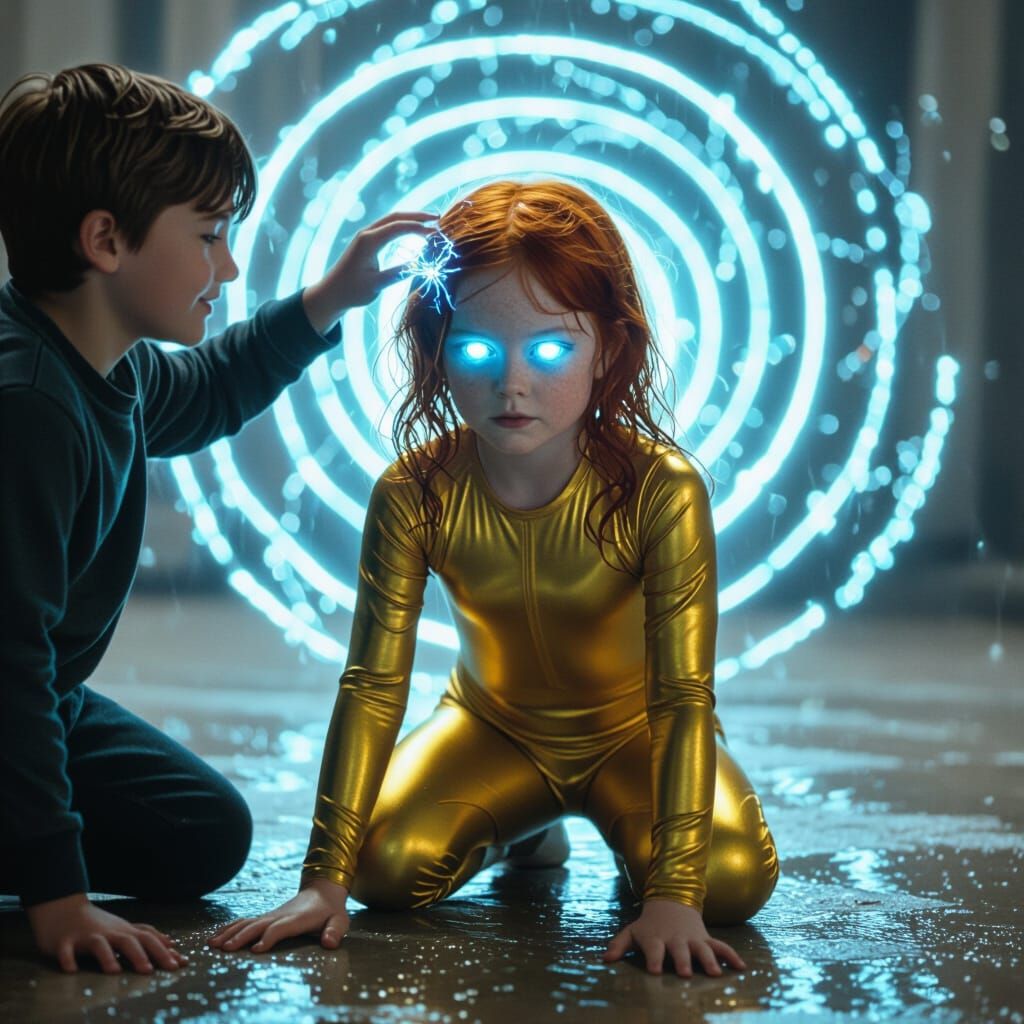 Redhead Girl Mesmerized by Electric Touch, Cinematic Style