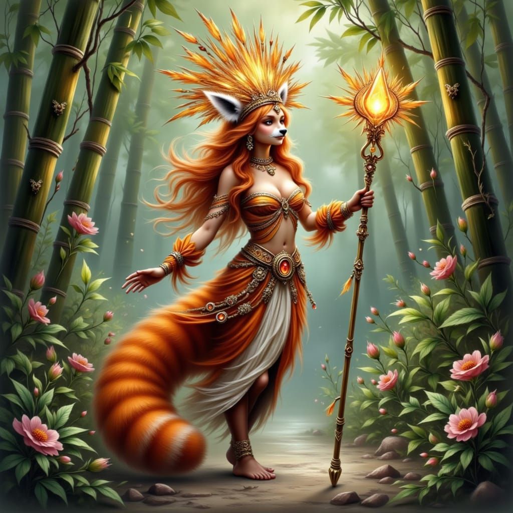 Red Panda Druid in Sunstone Headdress with Glowing Runes