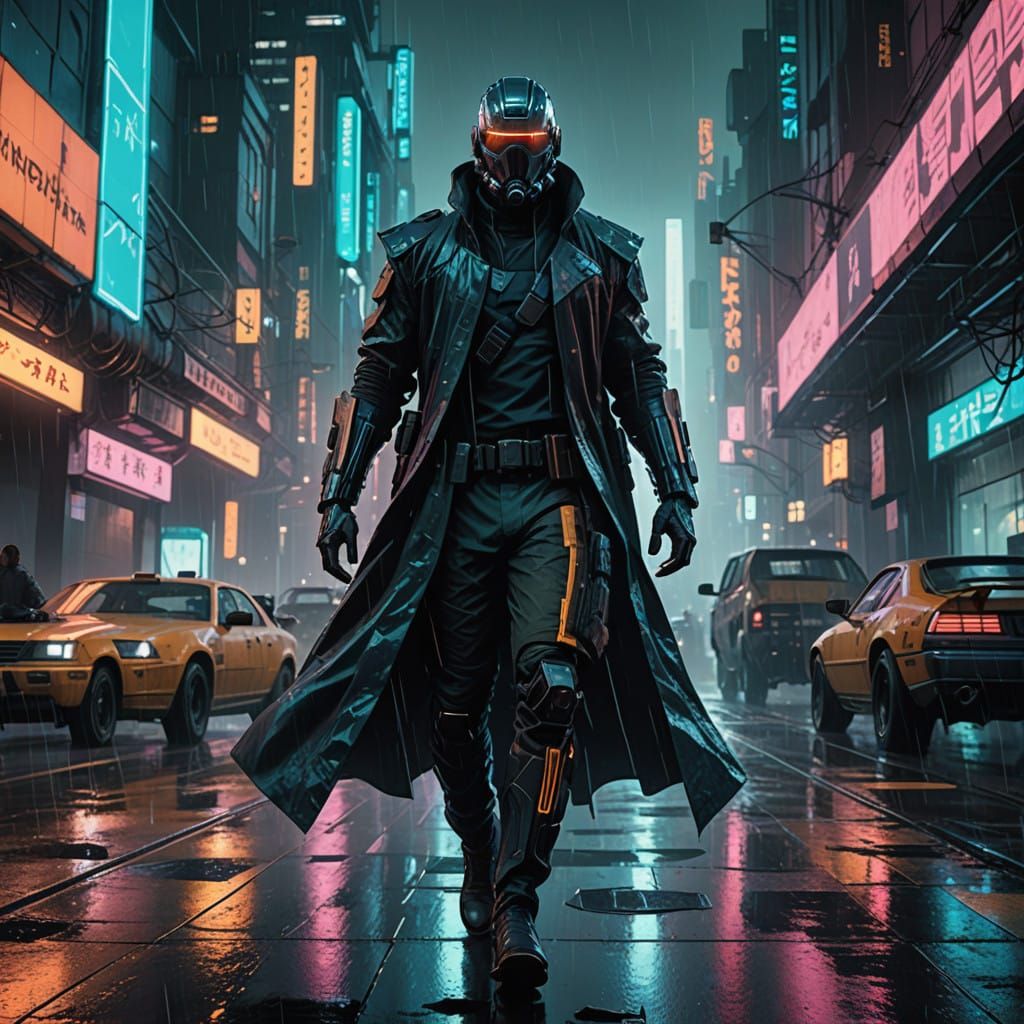 Gritty Cyberpunk Bounty Hunter in Neon-Lit Metropolis
