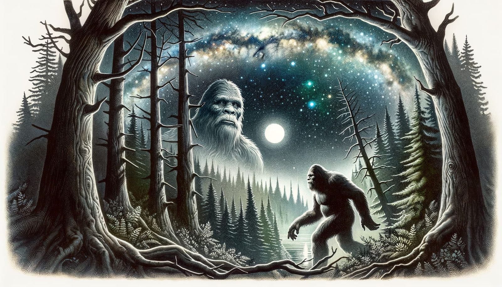 Bigfoot Emerges on Summer Night in Rackham Style