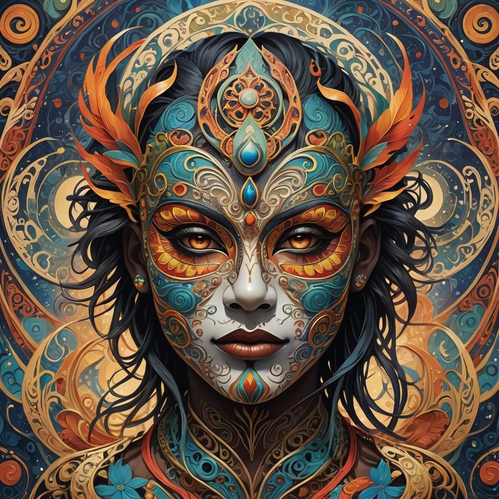 Tribal Mask Portrait in Art Nouveau Style