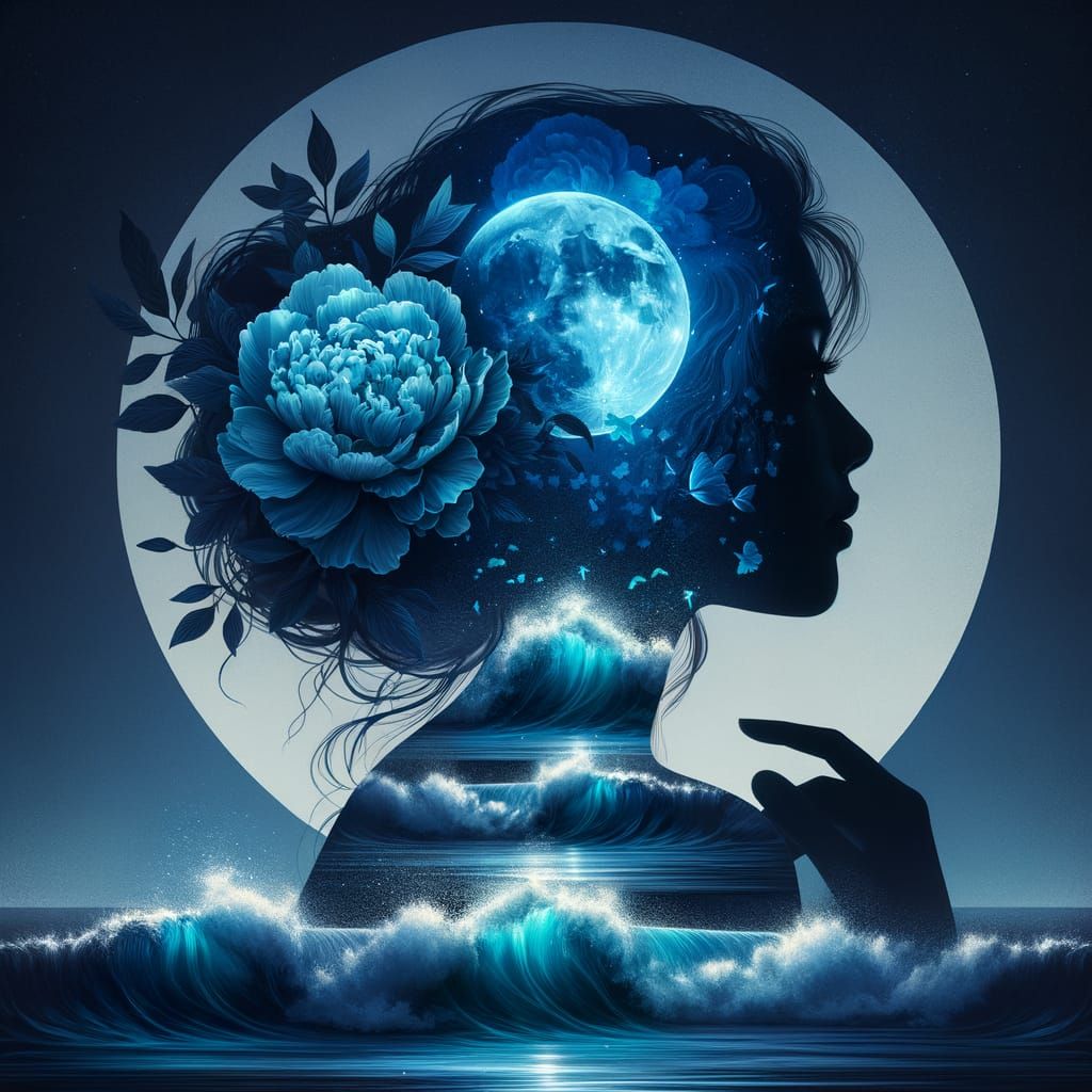 Blue Double Exposure: Ocean and Night Sky