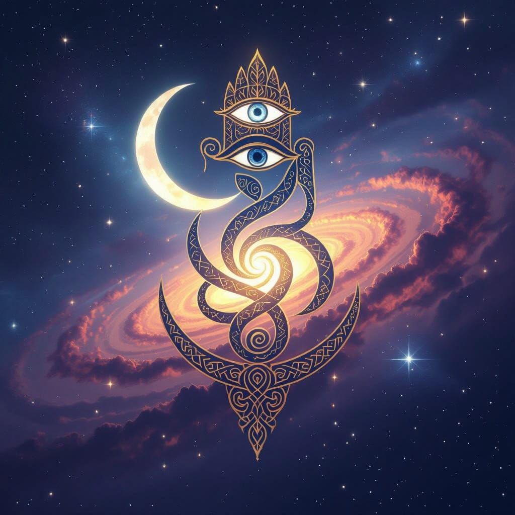 Mystical Cosmic Galaxy with Ancient Symbolism in Cyberpunk S...