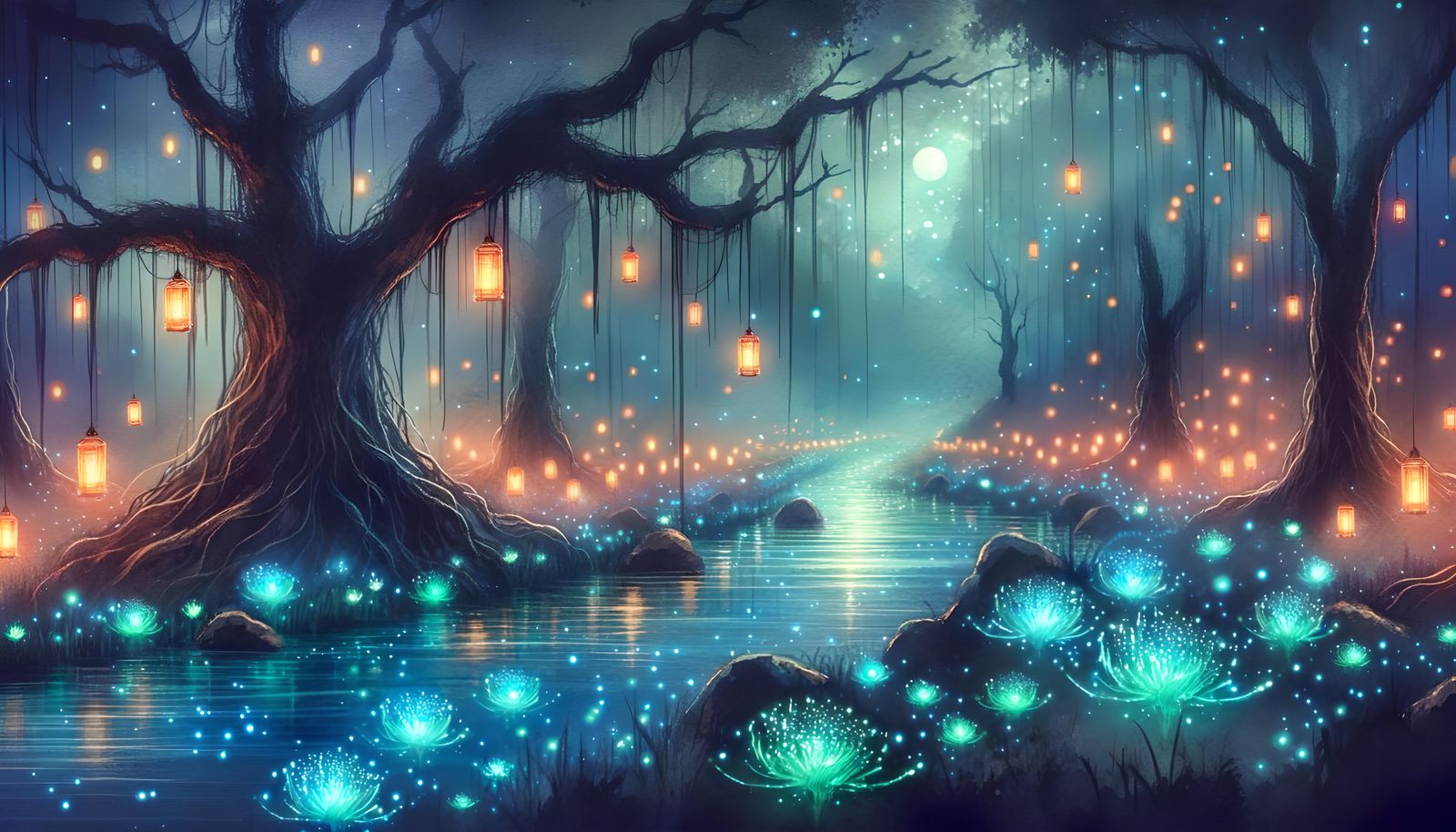 Magical Bioluminescent River Landscape in Watercolor Style