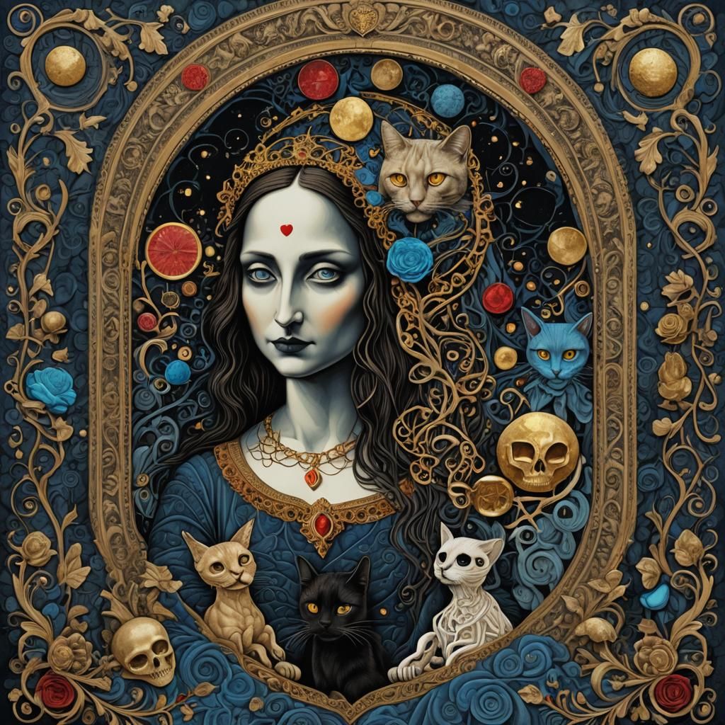 Macabre Stone Heart Ink Illustration with Dancing Ghosts