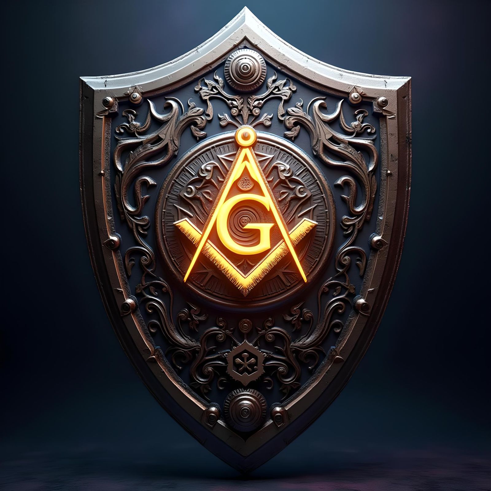 Ornate Metallic Shield with Mystical Symbols in 8K