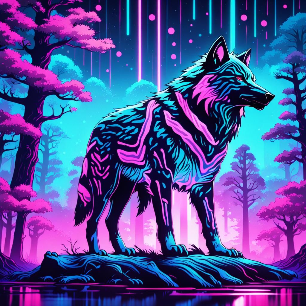 Neon Synthwave Wolf in Retrofuturistic Style